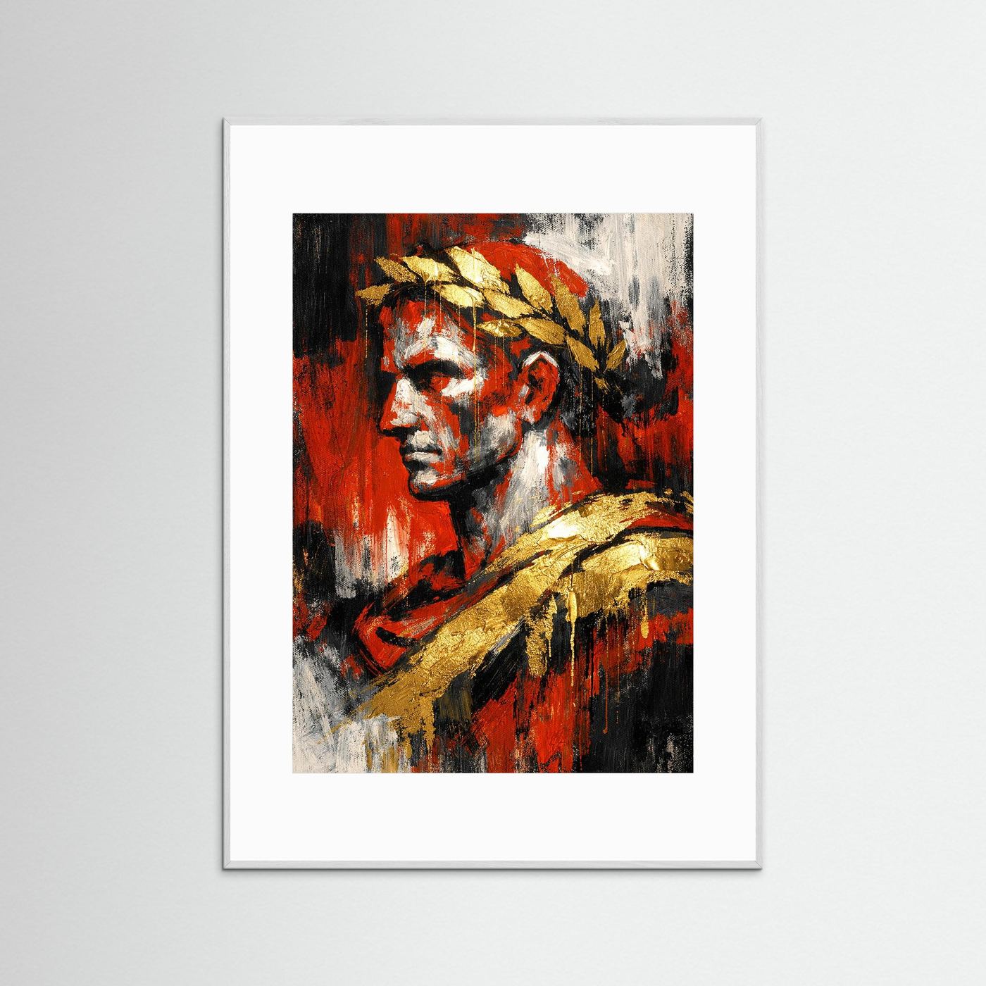 Abstraktes Bullenporträt-Kunstposter, Schwarz-Rot mit goldenem Akzent, im silbernen Rahmen