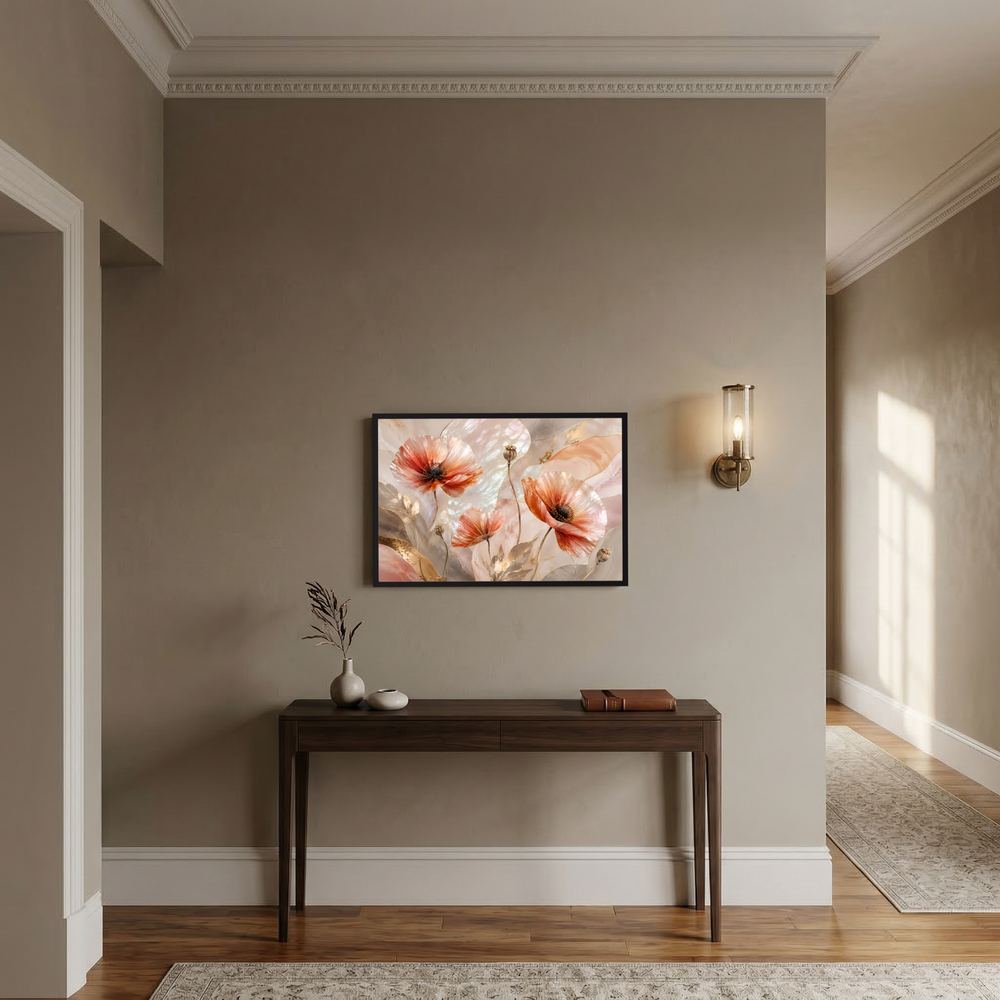Querformat-Poster mit abstrakten Mohnblumen in Perlmutt- und Roségoldtönen, gerahmt.