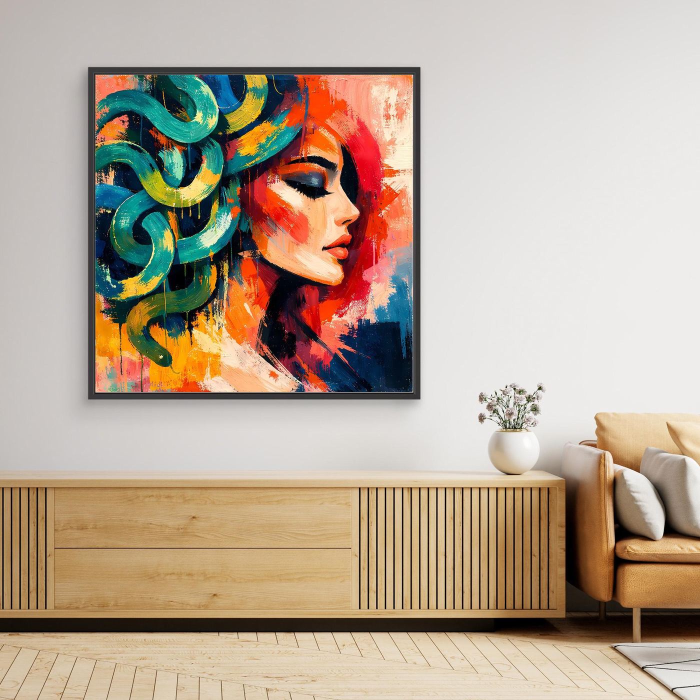 Gerahmtes Leinwandbild mit abstraktem Medusa-Porträt, schwarzer Rahmen