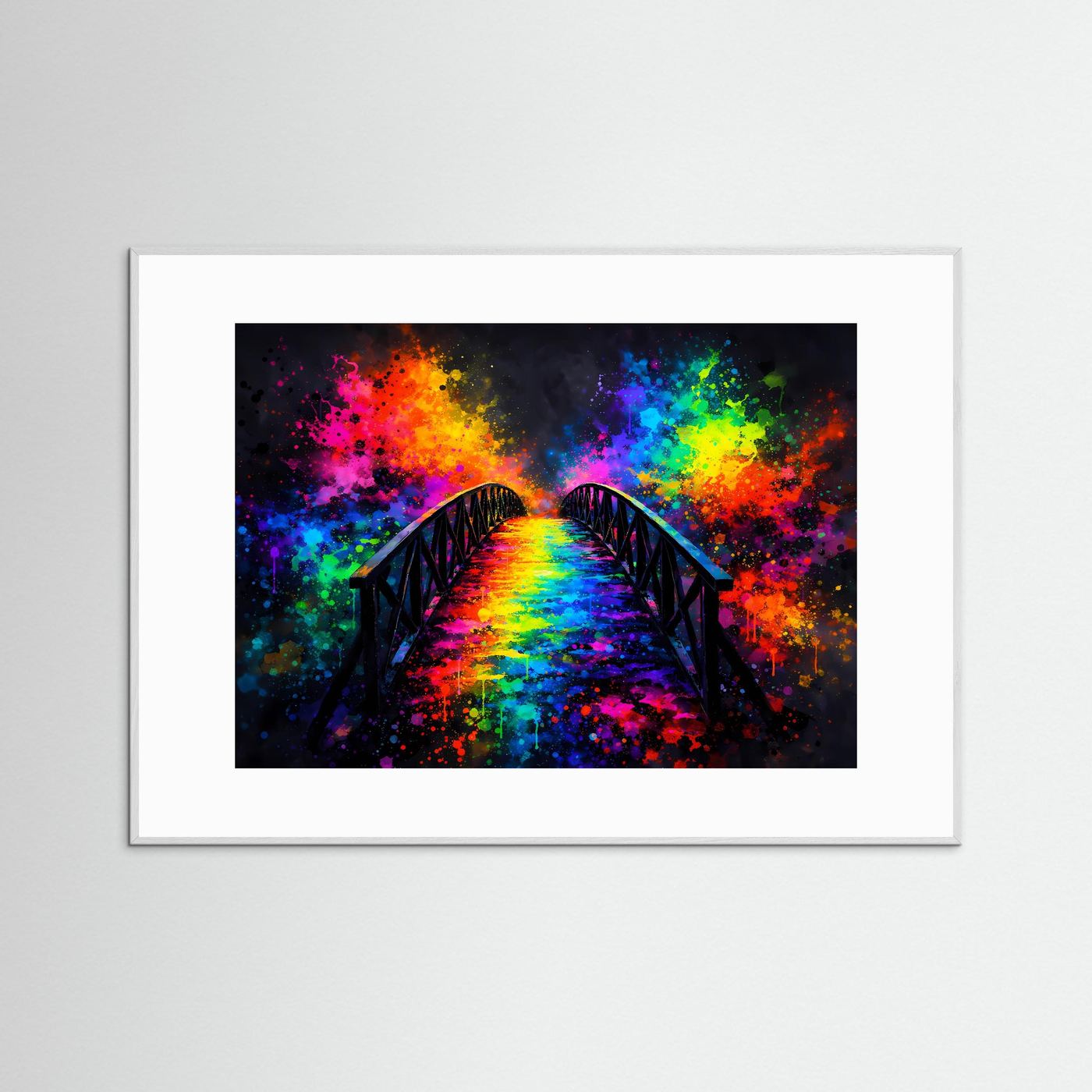 Gerahmtes Querformat-Kunstbild: Regenbogenbrücke mit bunten Farbklecksen, weißer Holzrahmen