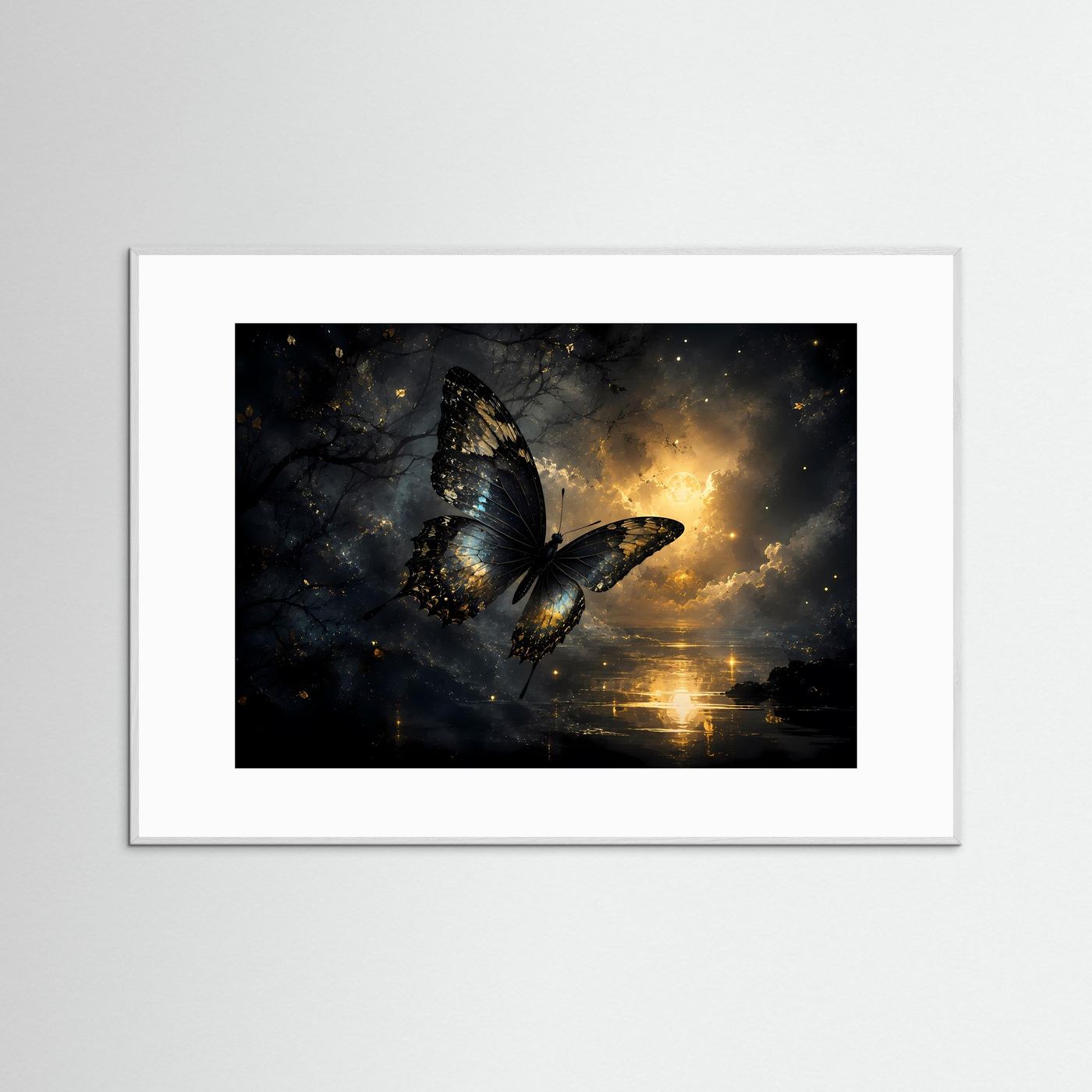 Schwarzer Schmetterling in Gold | Mystisches Fantasy Wandbild Querformat