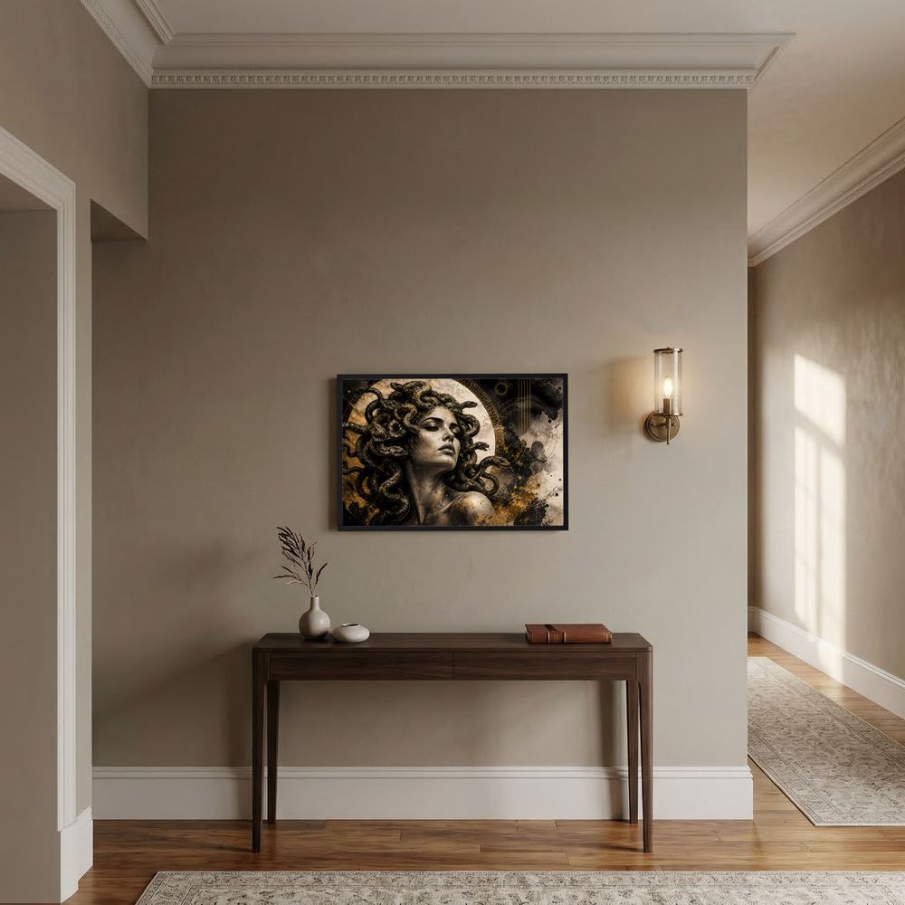 Wandbild mit Medusa-Motiv in Schwarz und Gold, rechteckig, mit hellem Hintergrund