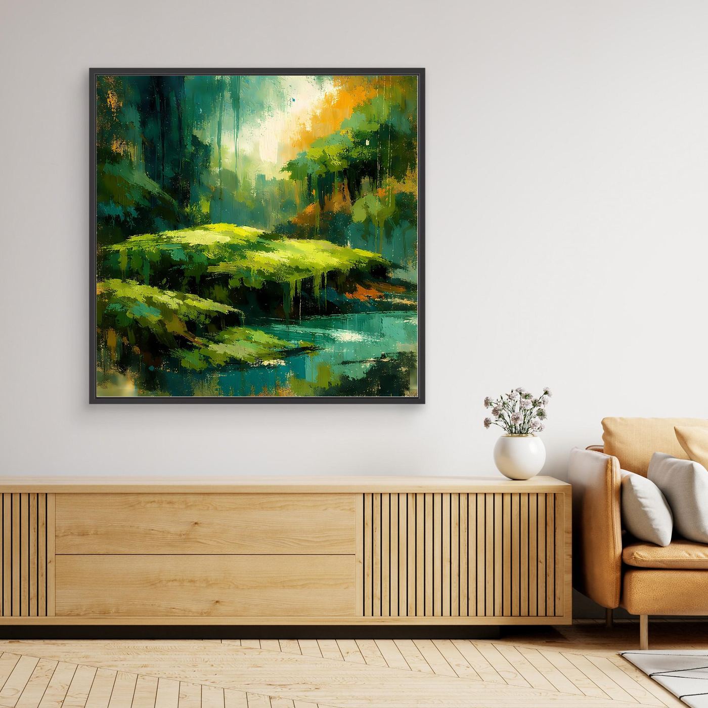 Leinwand-Wandbild, schwarz gerahmt: abstrakter Dschungel mit Fluss in Grün- und Gelbtönen.
