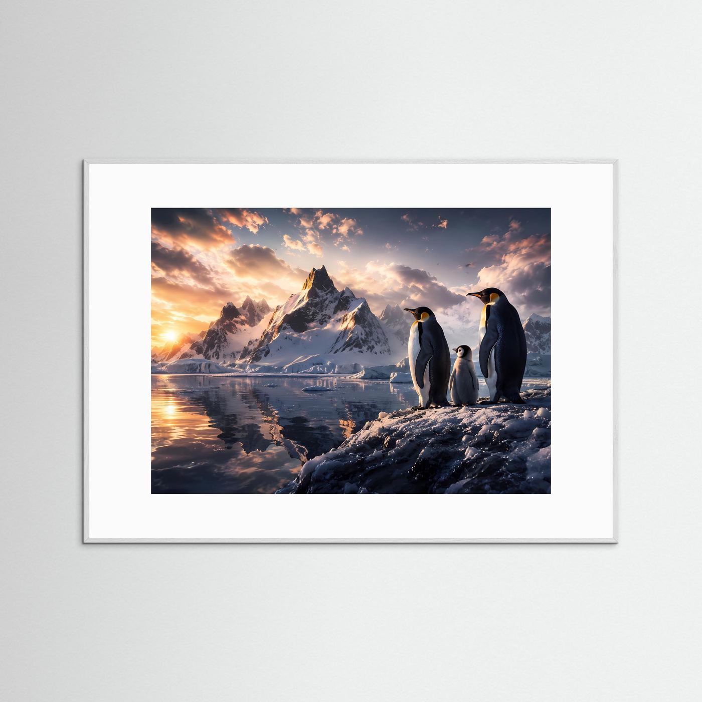 Pinguinfamilie in der Antarktis bei Sonnenuntergang | Natur & Tier Poster