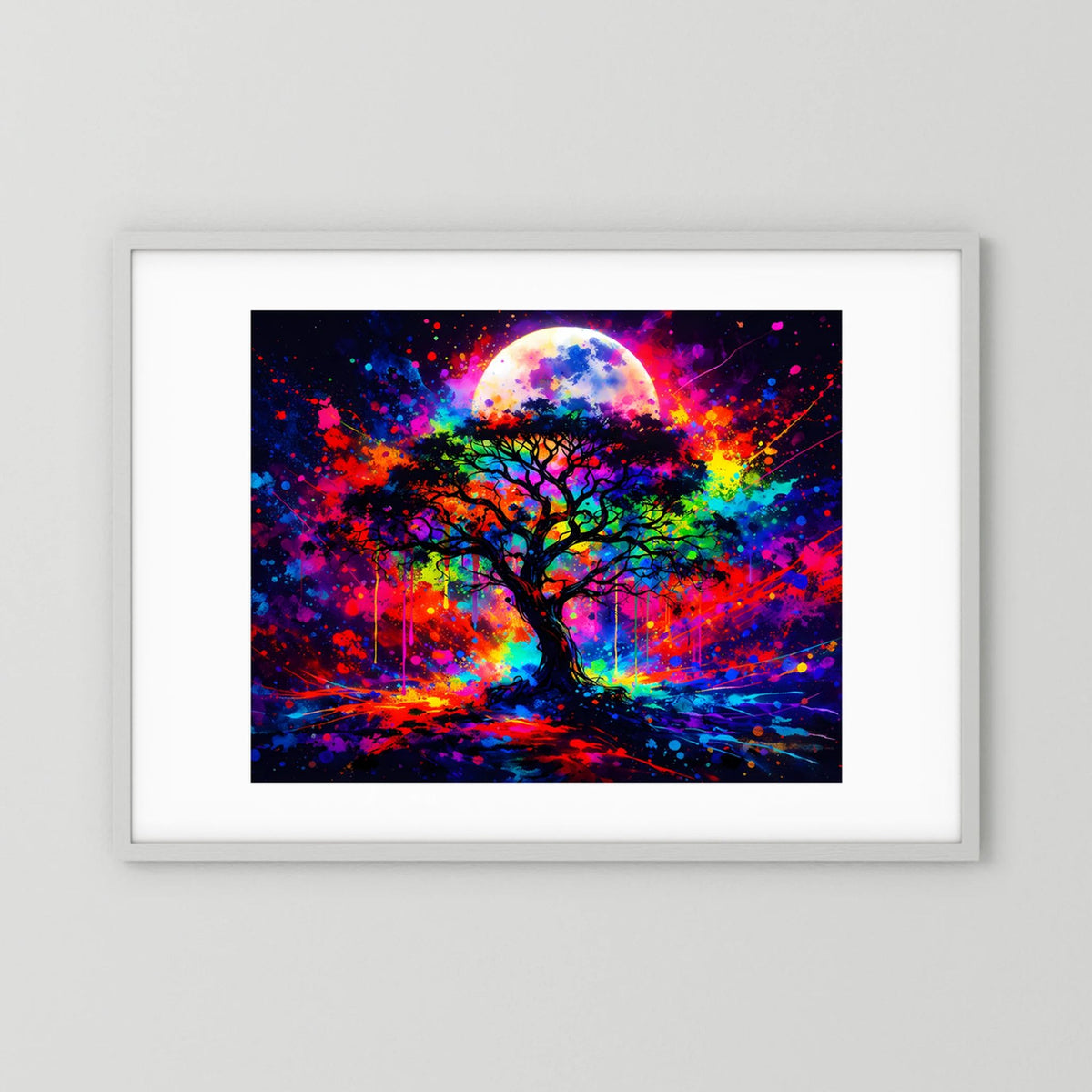 Gerahmtes Wandbild: Lebensbaum in Neonfarben mit Vollmond, bunte Farben, weißer Rahmen