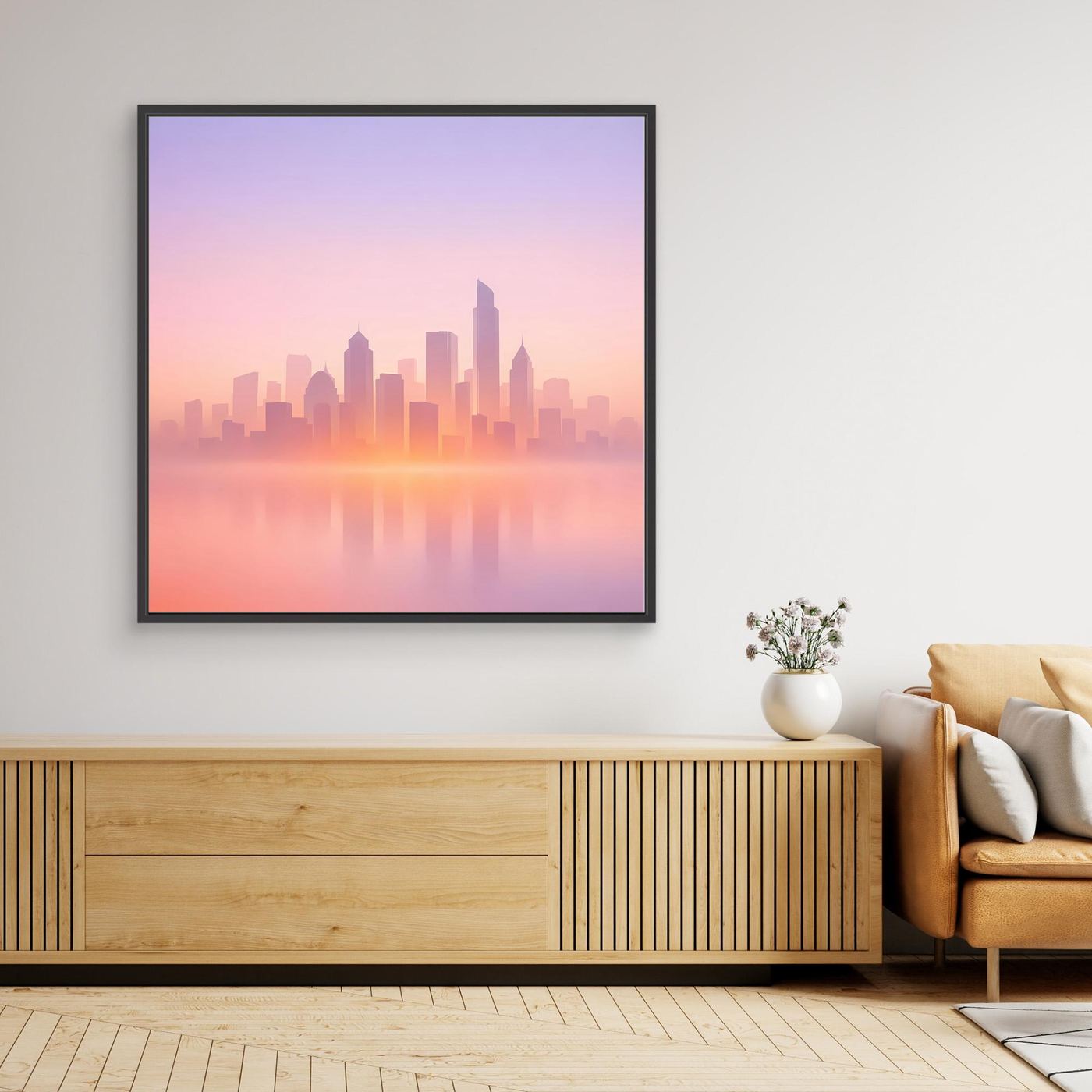 Leinwandbild mit schwarzem Rahmen: minimalistische Skyline im Pastelldunst, rosa-blauer Himmel