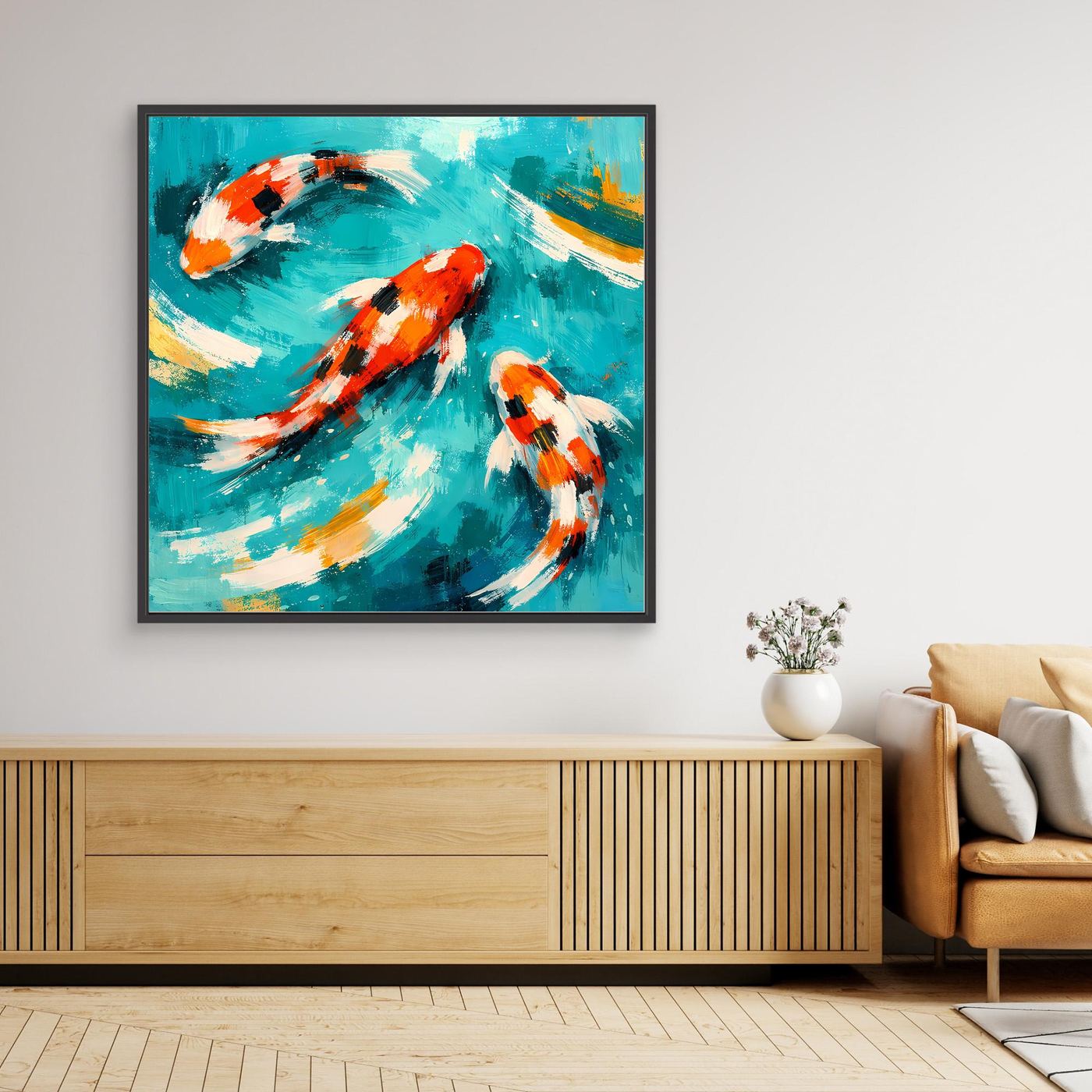 Leinwand Dynamische Koi-Karpfen im smaragdgrünen Wasser | Fernöstliches Wandbild auf Keilrahmen