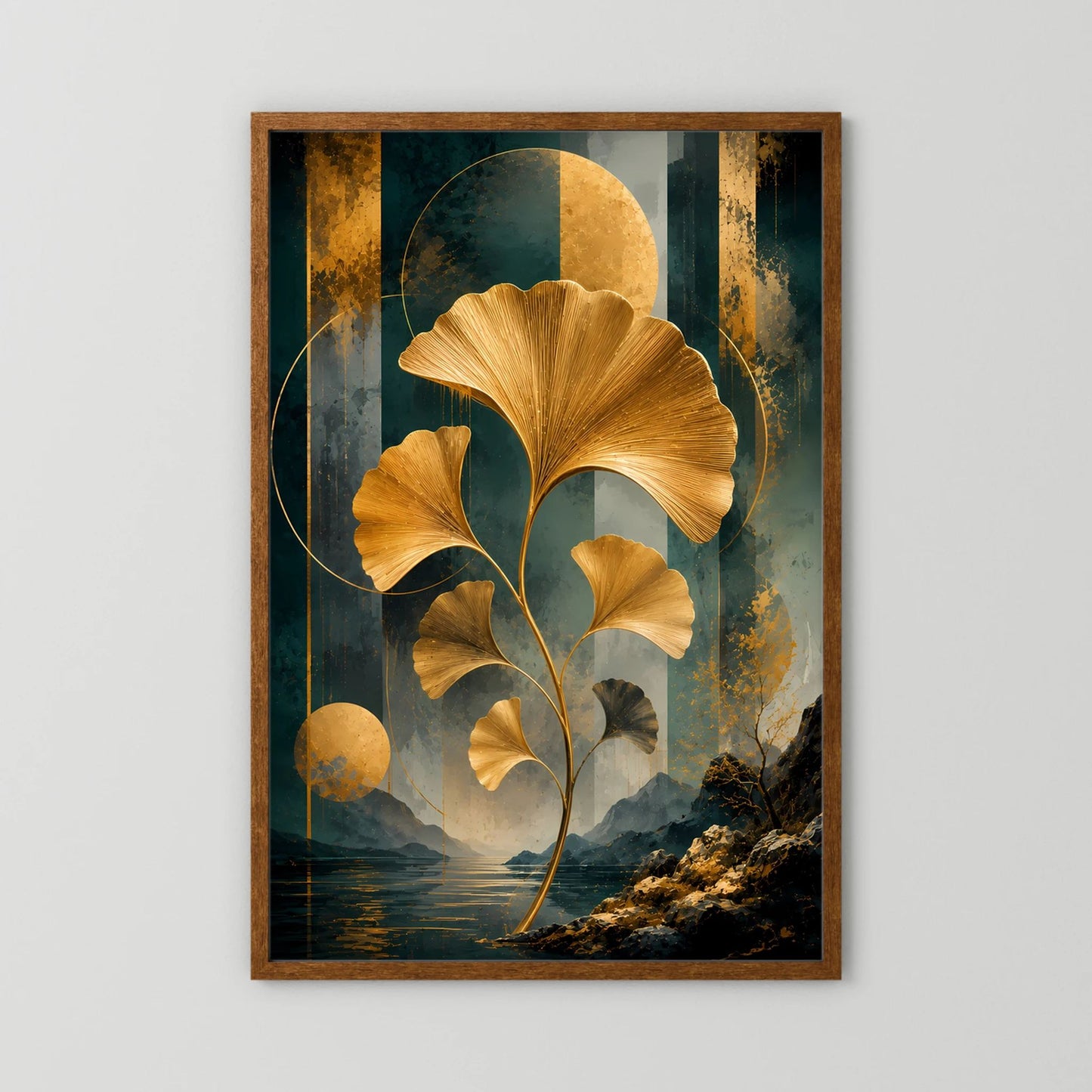 Hochformatiges Poster mit goldenen Ginkgoblättern in dunklem Petrol; brauner Holzrahmen