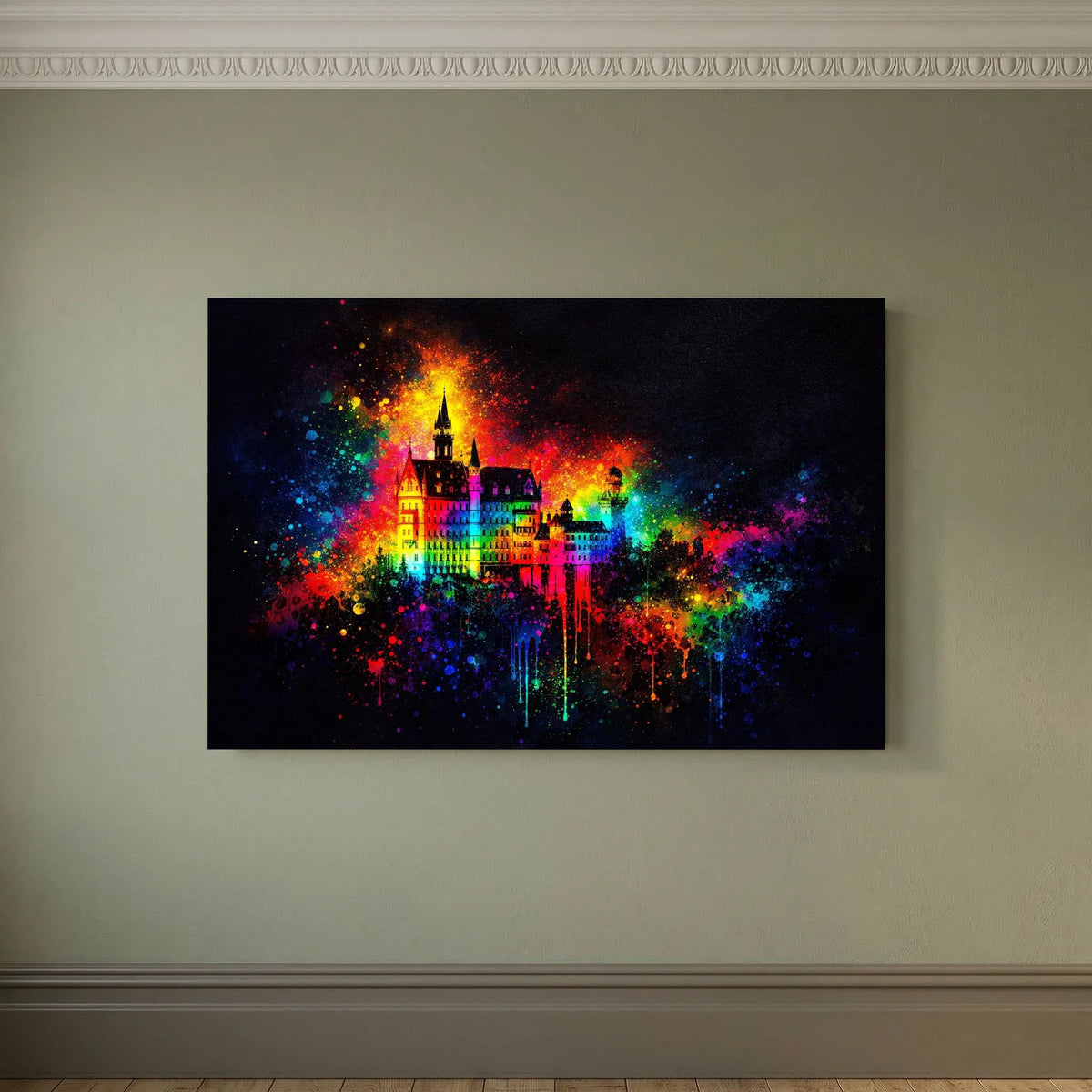 Märchenschloss-Wandbild im Querformat mit farbiger Explosion, ohne sichtbaren Rahmen