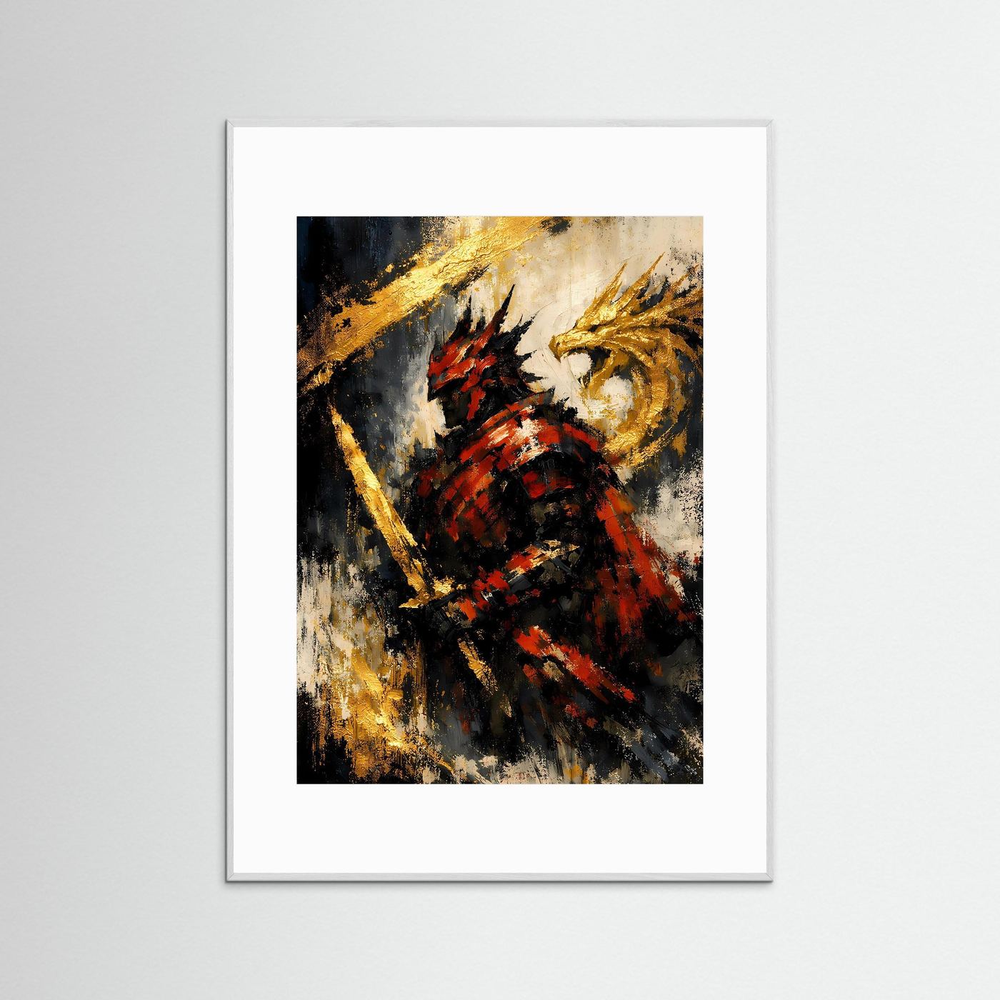 Samurai- und Drachen-Poster, goldene und glutrote Grafik, weiß gerahmt, Hochformat