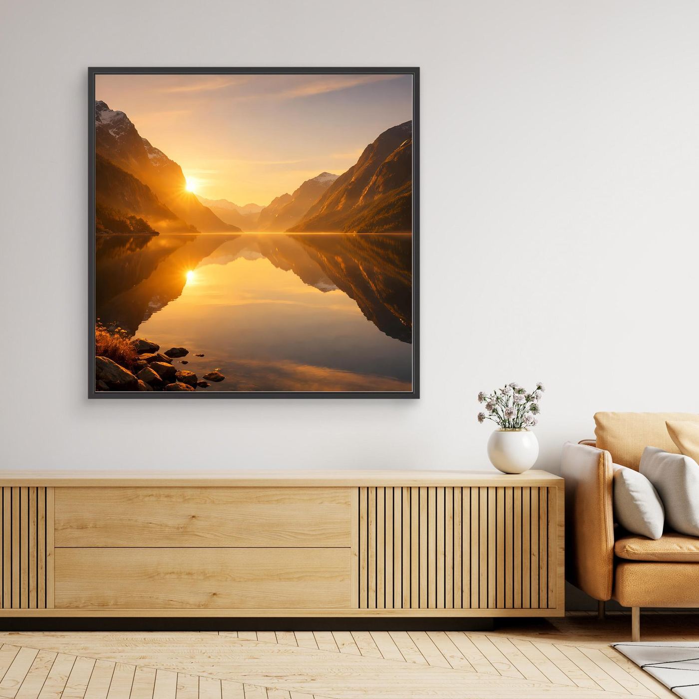 Leinwandbild mit Fjordlandschaft, Bergen und Sonnenaufgang, schwarzer Rahmen