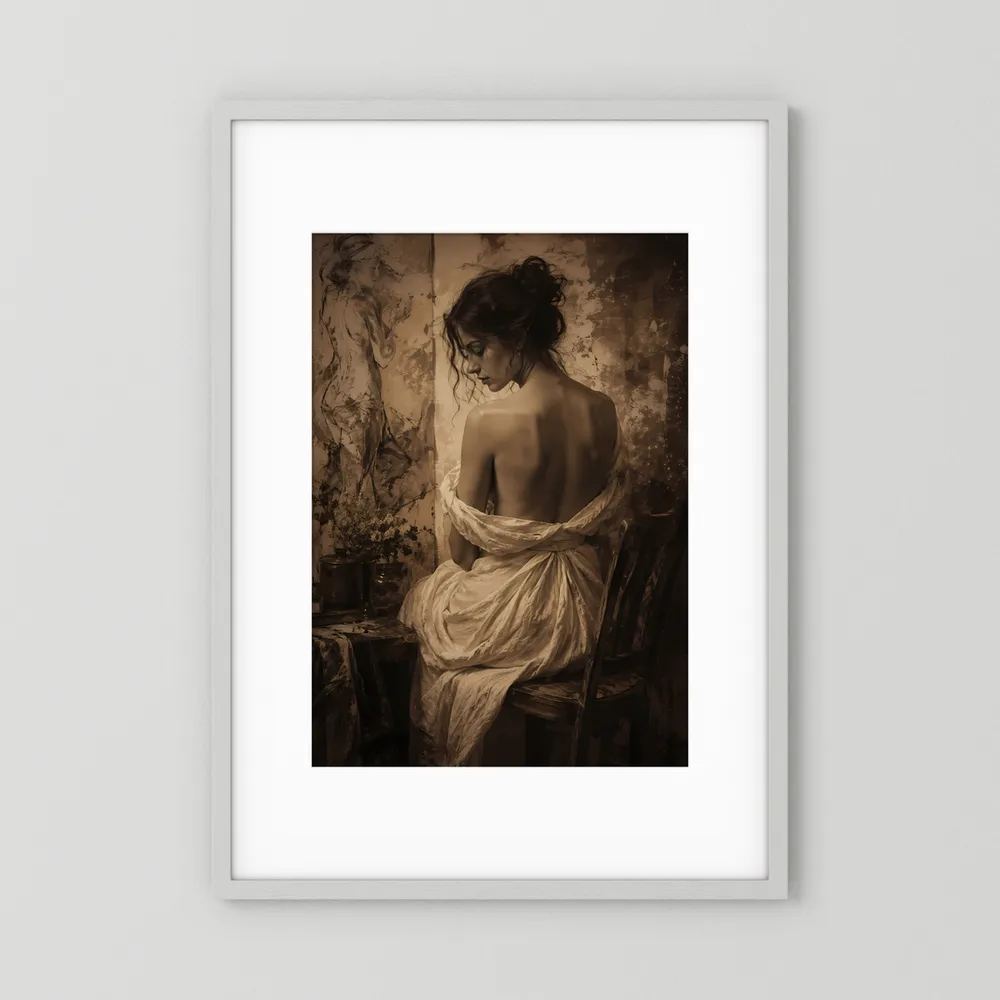 Gerahmtes Kunstposter im Hochformat: Sepia-Frauenporträt von hinten, drapiertes Kleid