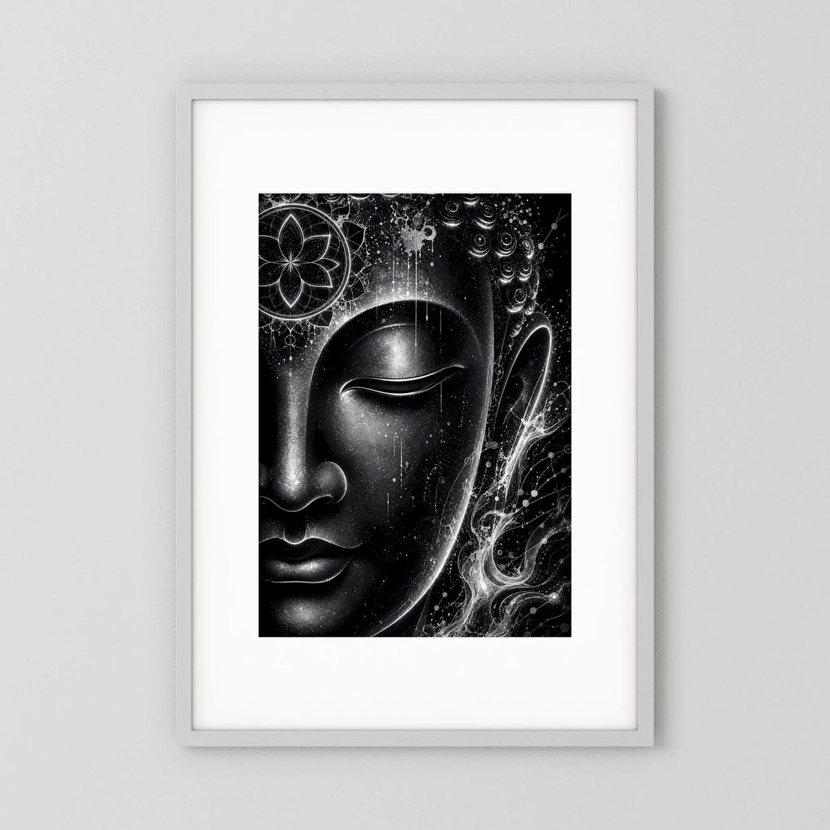 Hochformatiges Poster: Buddha-Gesicht in Schwarzweiß mit Mandala-Details.