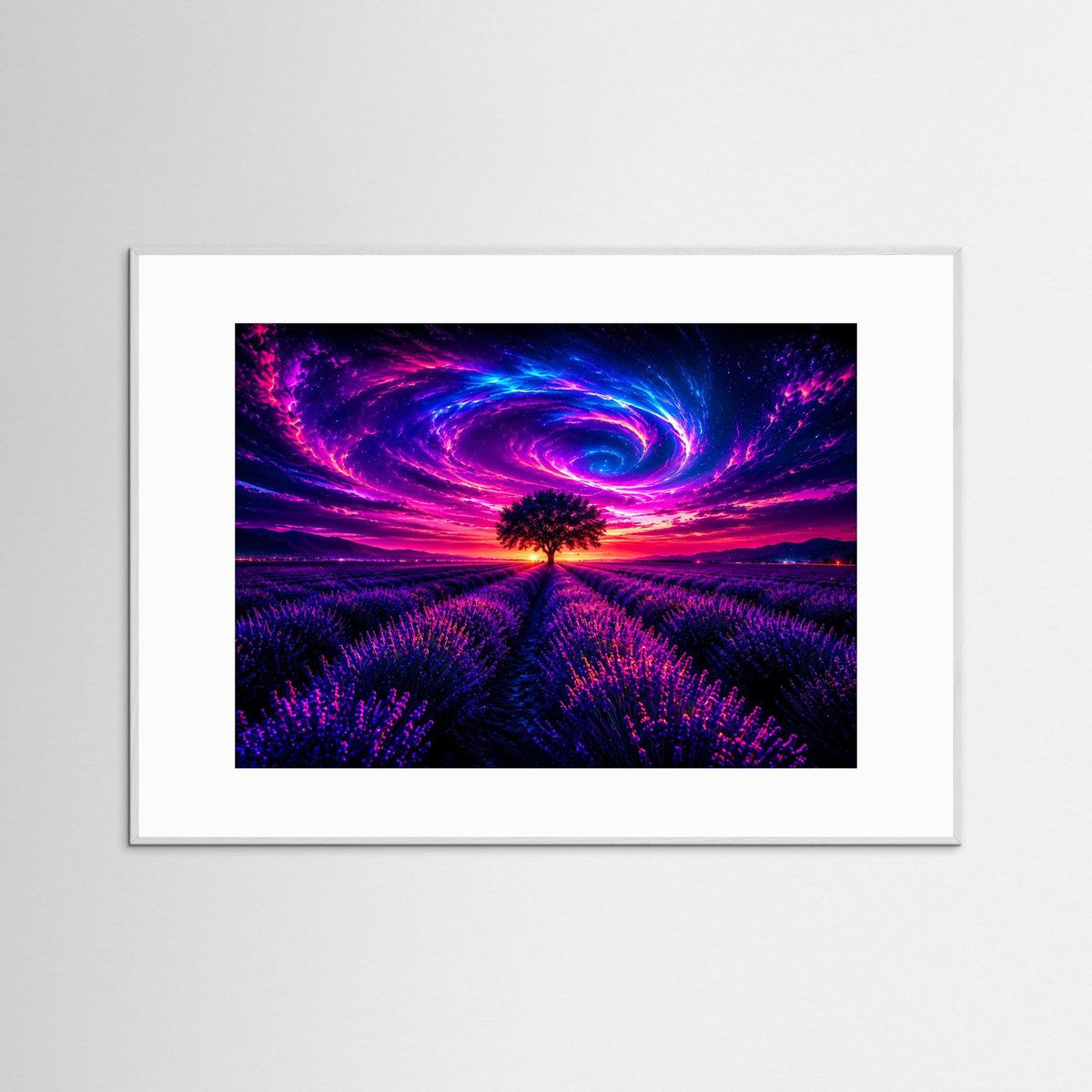Neon-Wandbild: Lavendelfeld mit surrealem Sternenhimmel und Baum, weiß gerahmt