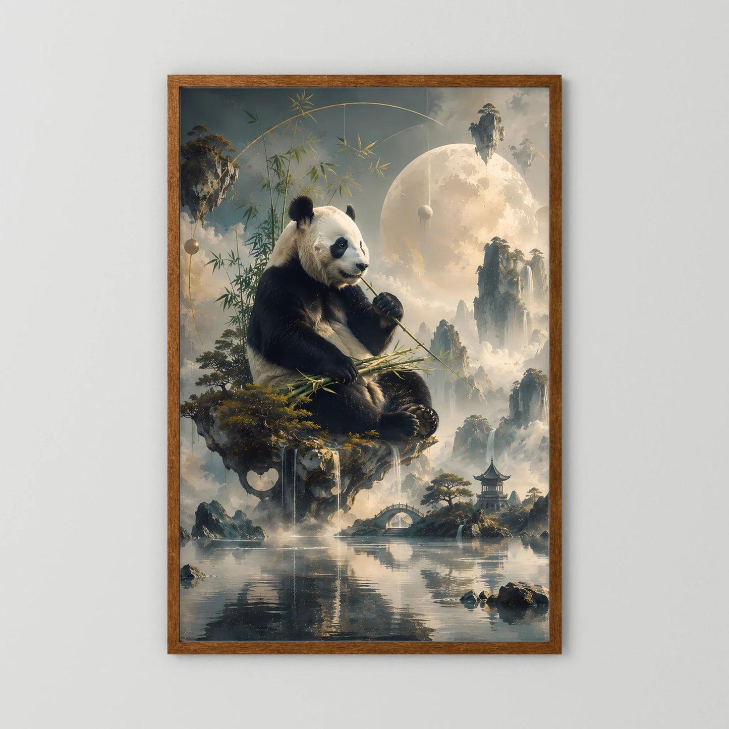 Kunstposter im Hochformat mit Panda auf Fels im Mondschein, im braunen Holzrahmen