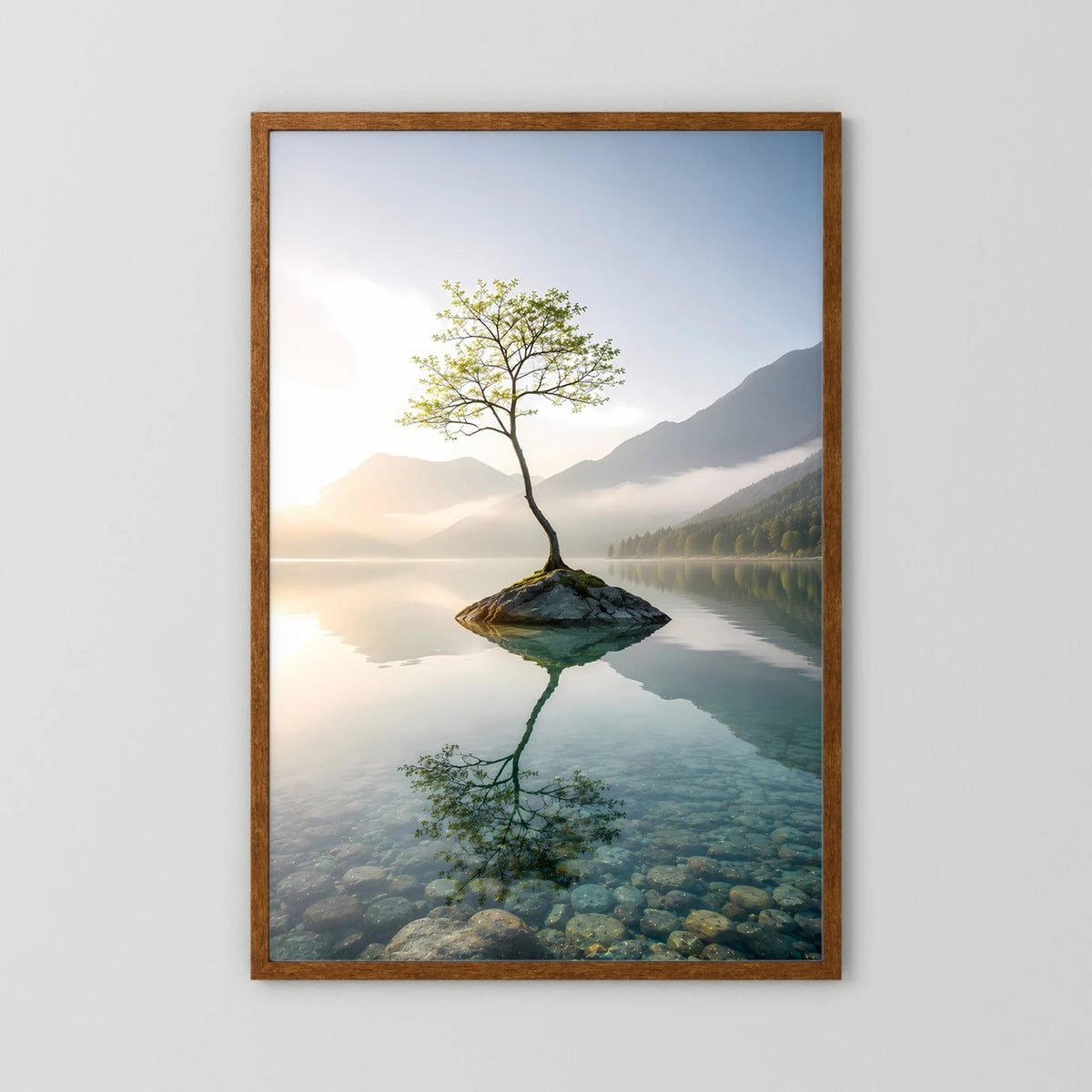 Einsamer Baum im Bergsee | Minimalistische Natur mit Spiegelung | Poster Hochformat