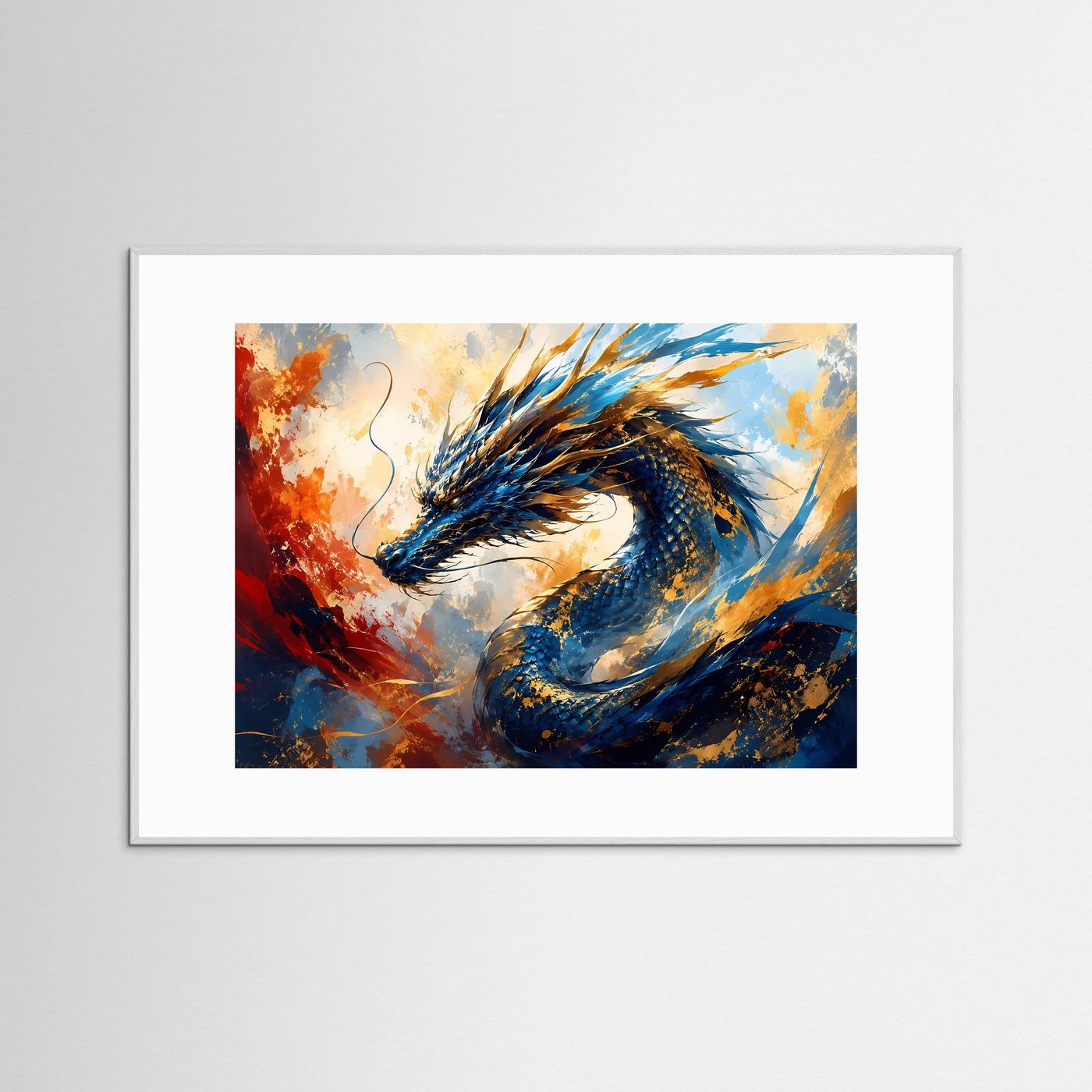Fantasy-Wandbild mit blauem Drachen und wirbelnden Flammen, grau gerahmt im Querformat