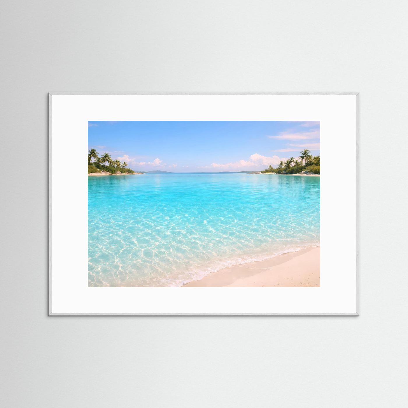Strand-Poster im weißen Rahmen mit türkisfarbenem Meer, Sandstrand und Palmenpanorama