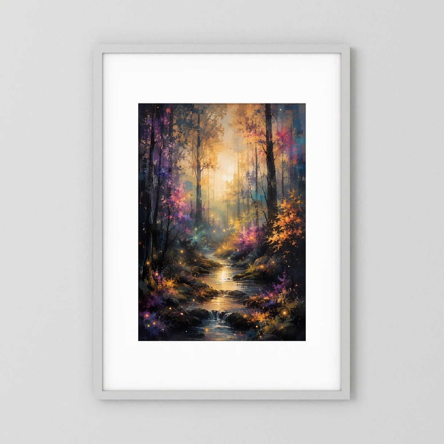 Hochformat-Wandposter mit mystischem Wald und leuchtendem Bach im farbigen Licht