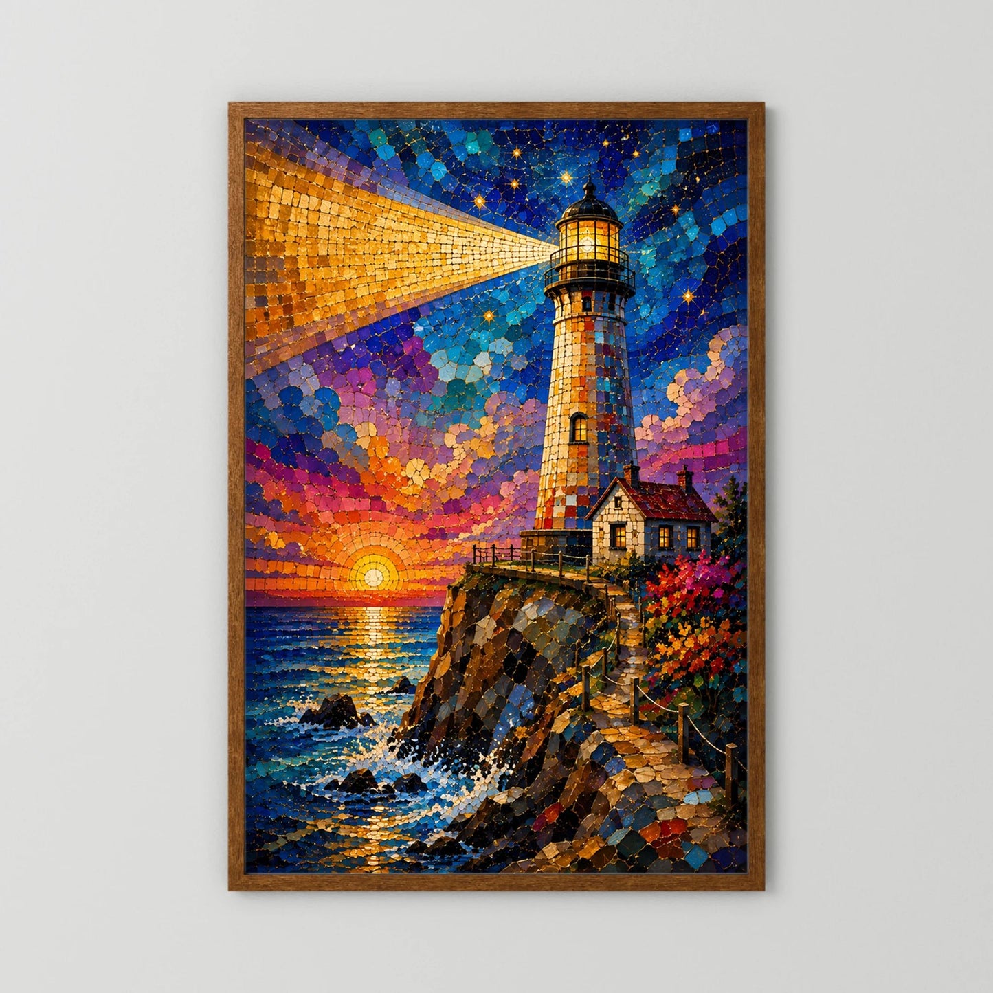 Leuchtturm im Sonnenuntergang | Farbenfrohe Mosaik Küstenkunst | Poster Hochformat