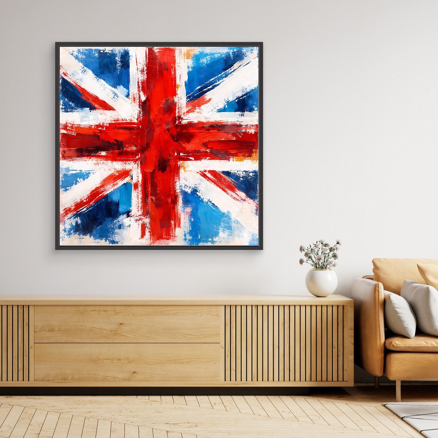 Abstract Union Jack canvas wall art with black frame, blue red brushstroke cross