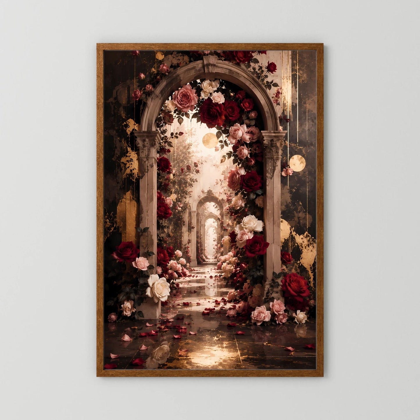 Poster im Hochformat mit Rosenbogen-Motiv und goldener Lichtlinie, brauner Holzrahmen