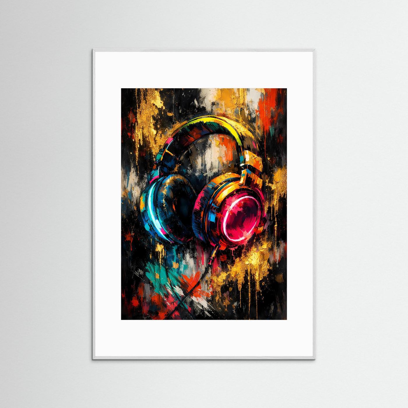 Musik-Poster mit bunten Kopfhörern im Pop-Art-Stil, weißem Rahmen