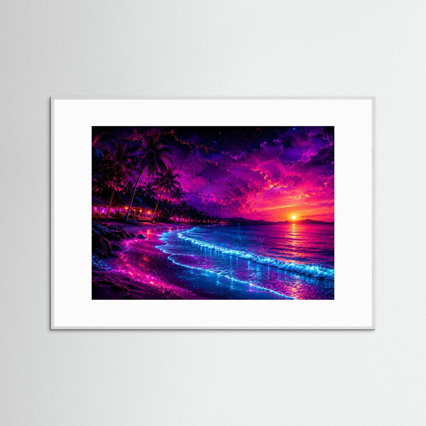 Neon Tropenparadies am Strand | Vibriendes Synthwave & Sunset Poster Querformat