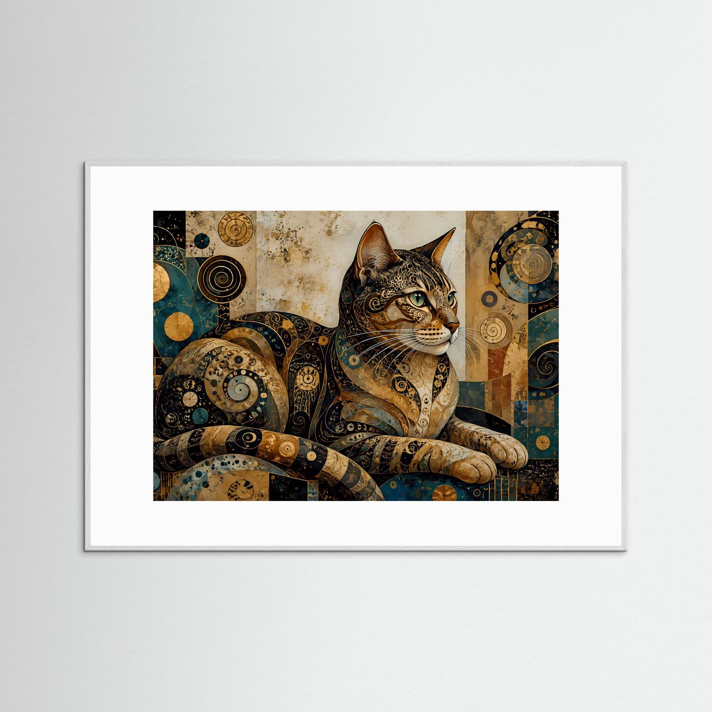 Ornamentales Katzenposter im Querformat mit weißem Rahmen; Katze im Ornamentstil.