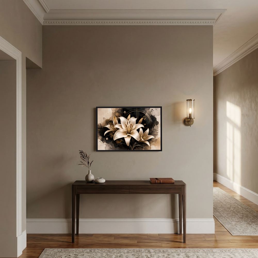 Gerahmtes Querformat-Poster mit weißen Lilien in Schwarz, Beige und Gold