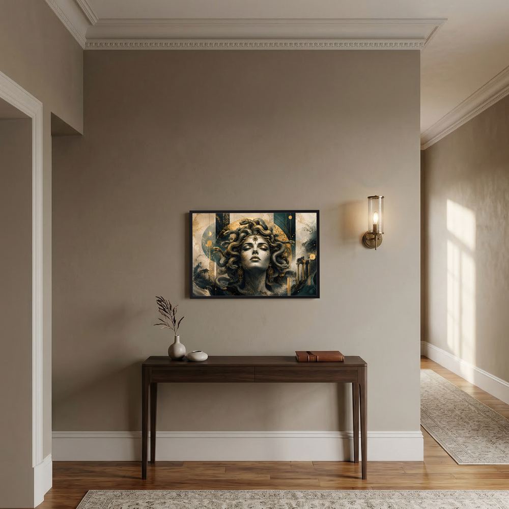 Gerahmtes Querformatposter mit Medusa-Gesicht in Schwarz und Gold