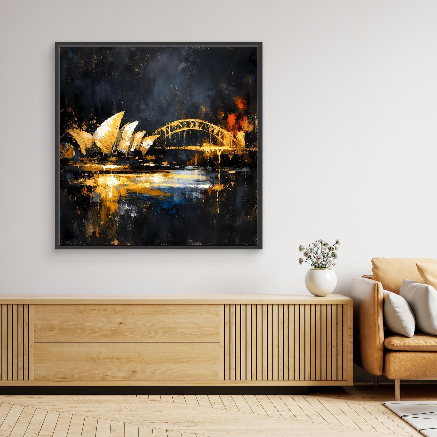 Leinwand Goldene Skyline von Sydney bei Nacht | Modernes Australien Wandbild