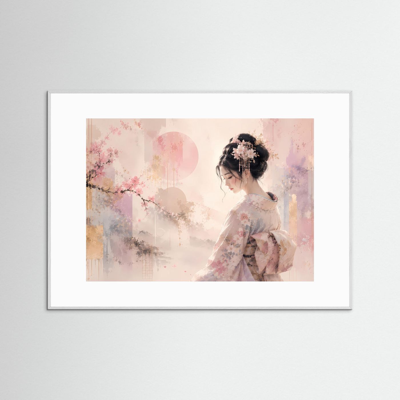 Japanische Geisha mit Kirschblüten | Elegante Pastell Kunst