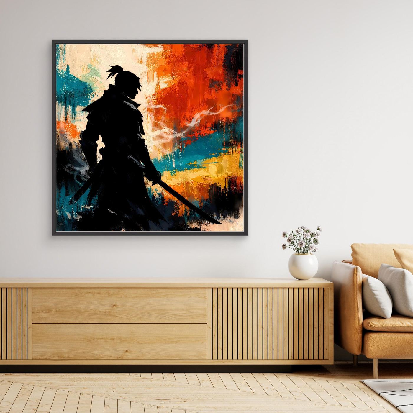Gerahmtes Leinwandbild mit Samurai-Silhouette und abstrakten Farbflecken, schwarzer Rahmen