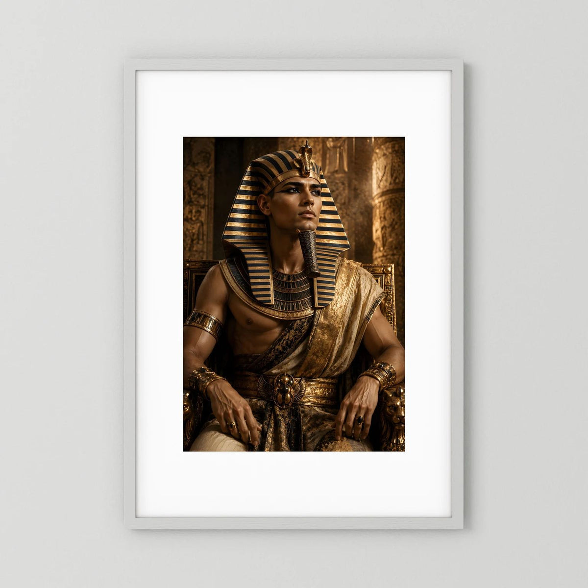Ägyptisches Pharao-Poster mit Porträt eines Königs in Schwarz-Gold, gestreifte Kopfbedeckung