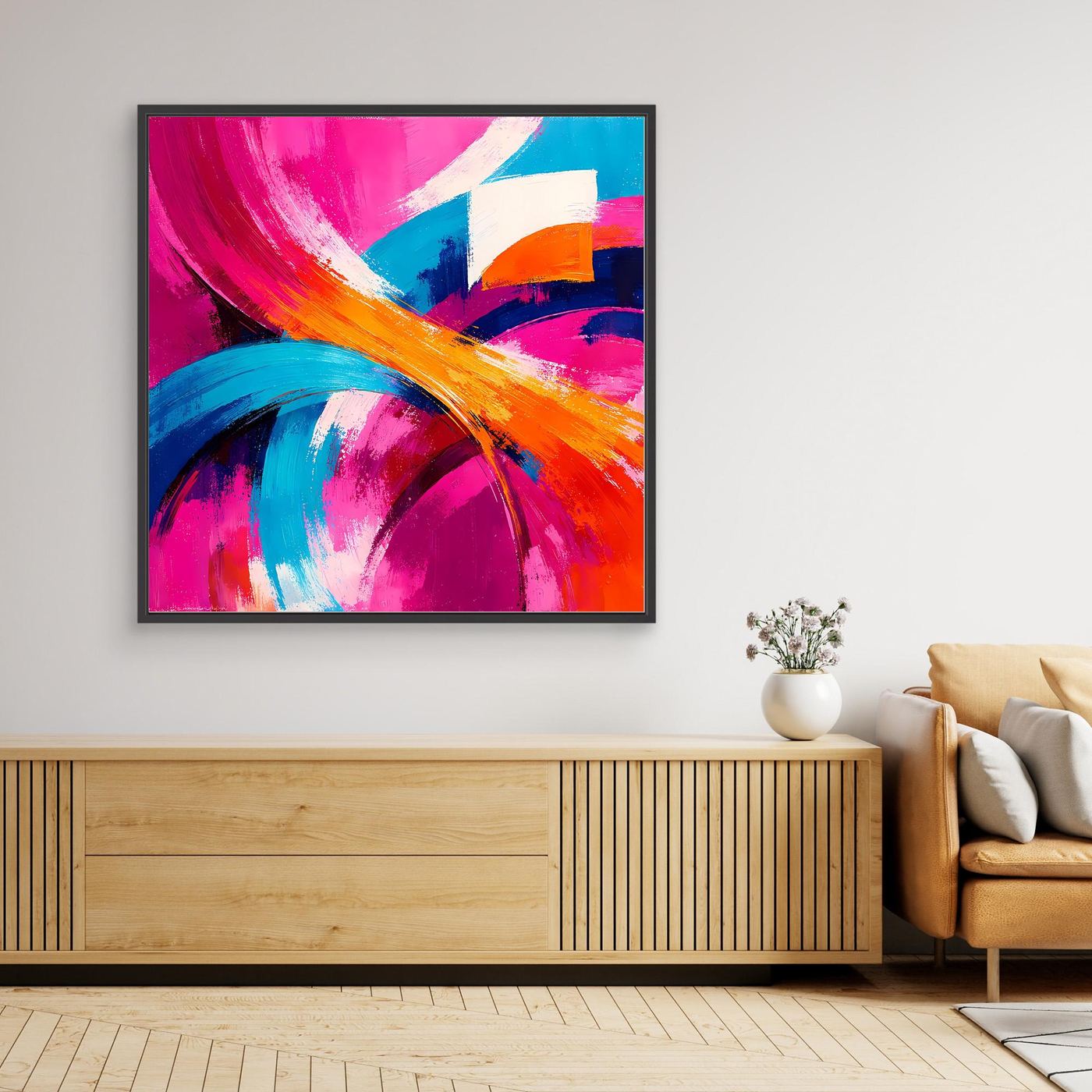 Abstraktes Leinwand-Wandbild mit bunten Pinselstrichen, quadratischer Rahmen, schwarz
