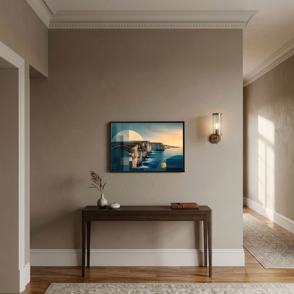Querformatiges Poster mit abstrakter Küstenlandschaft: Meer, Klippen und goldener Himmel