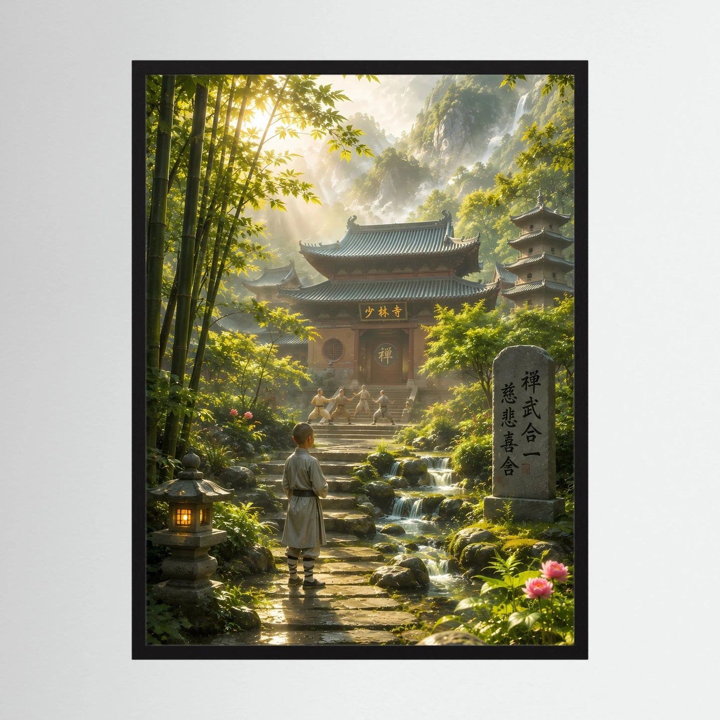 Hochformat-Poster mit schwarzem Rahmen, meditierender Mönch im Bambuswald zum Tempel