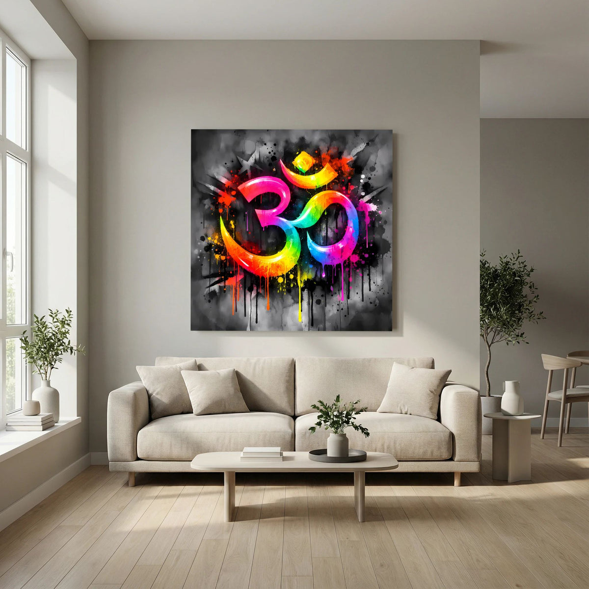 Keilrahmen-Leinwandbild mit Regenbogen-Om-Symbol und Spritzdekor auf dunklem Hintergrund