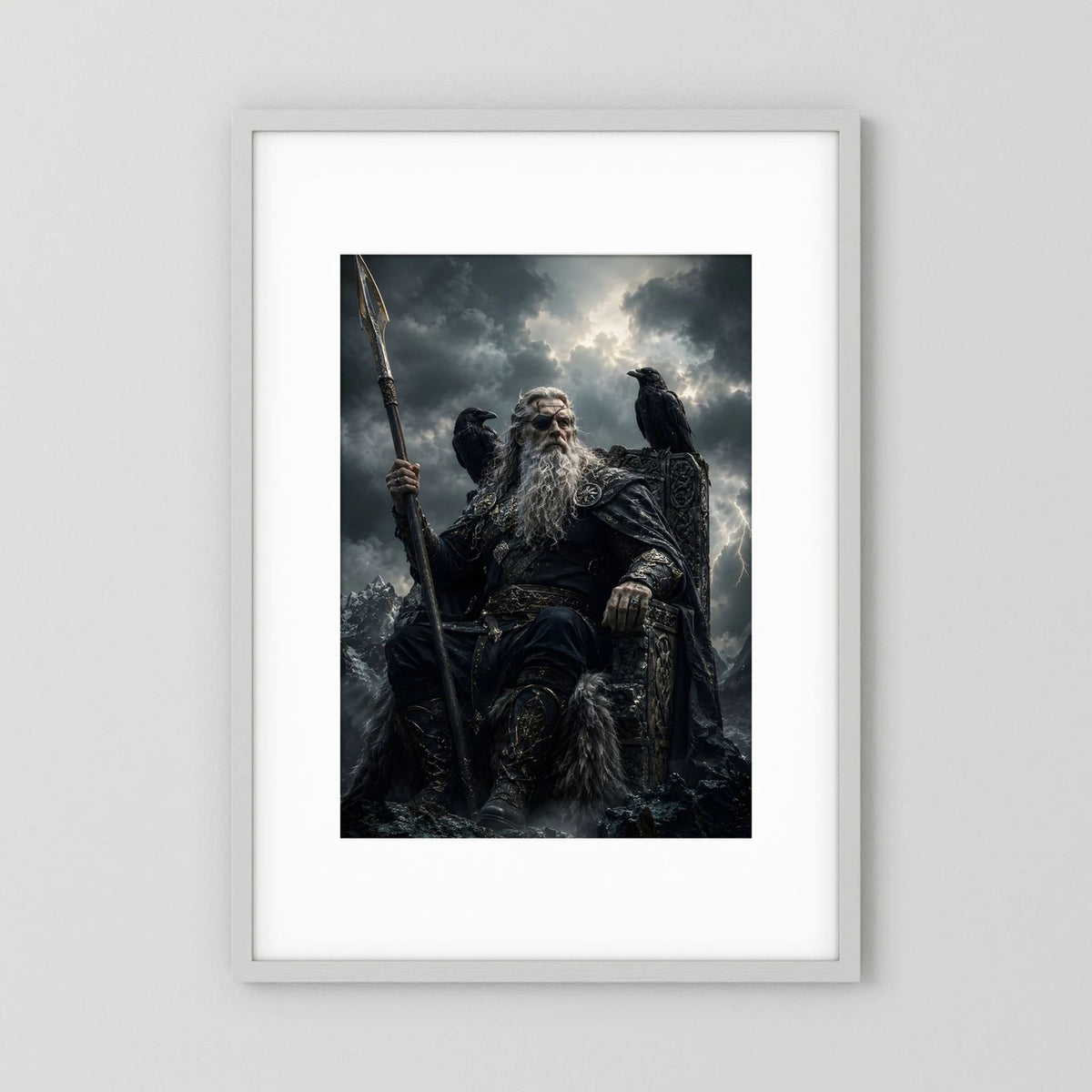Wikinger-Poster im Hochformat: nordischer Krieger mit Speer und Rabe, in dunklem Look