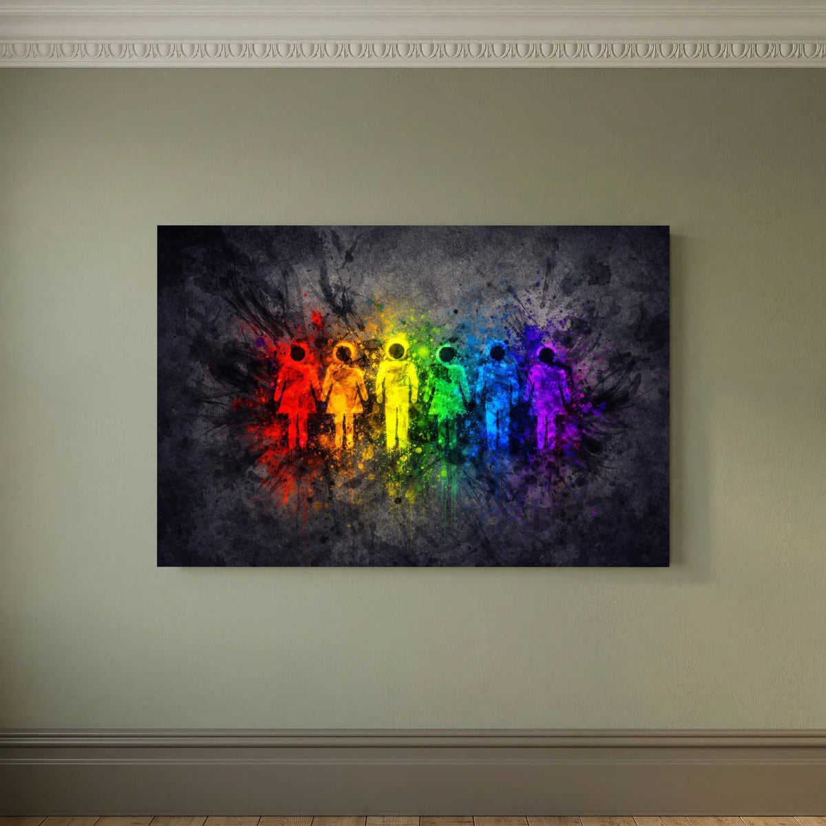 Querformatiges Wandbild mit farbigen Menschen-Silhouetten im Regenbogen auf dunklem Grund
