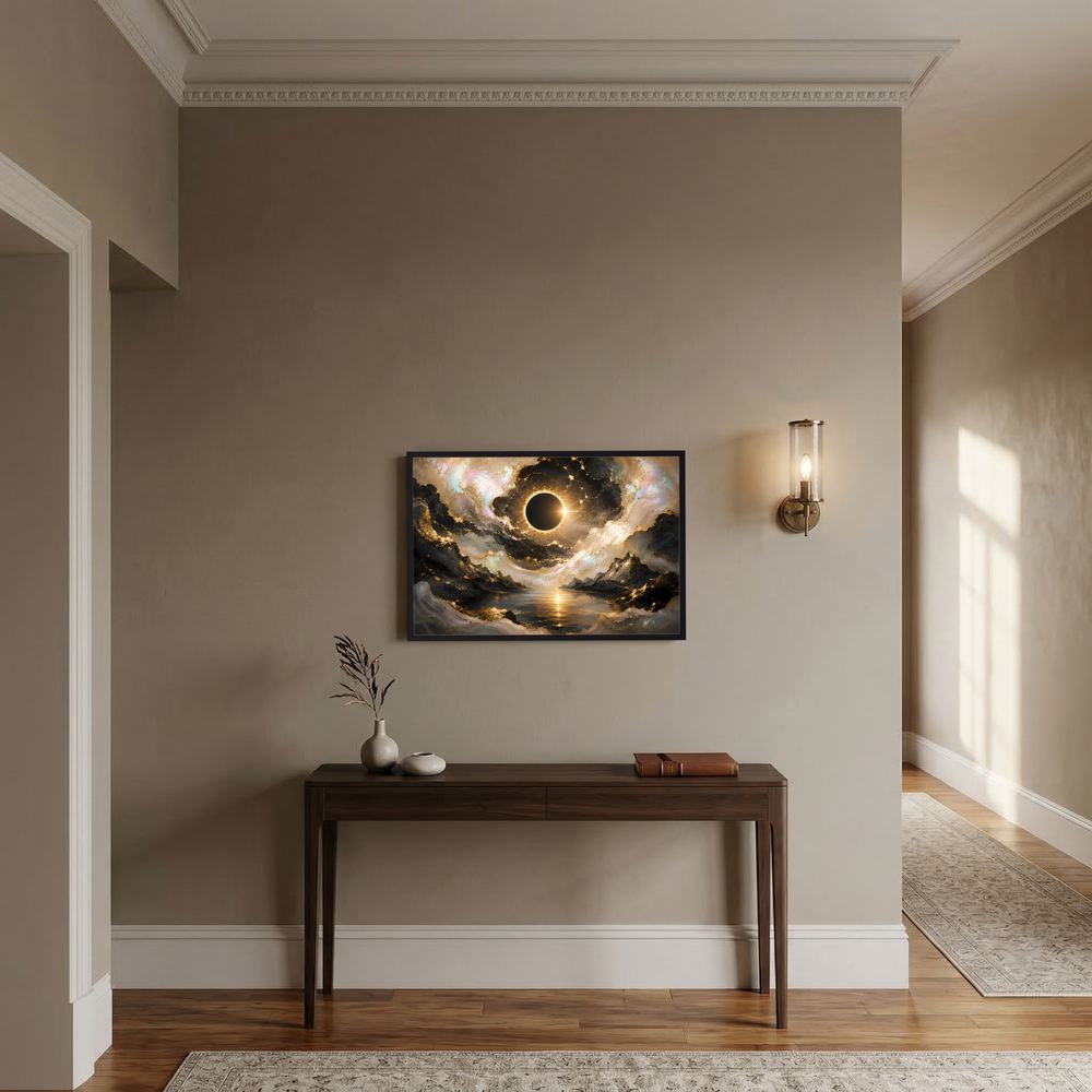 Gerahmtes Querformat-Poster mit dunklem, goldenem Weltraummotiv