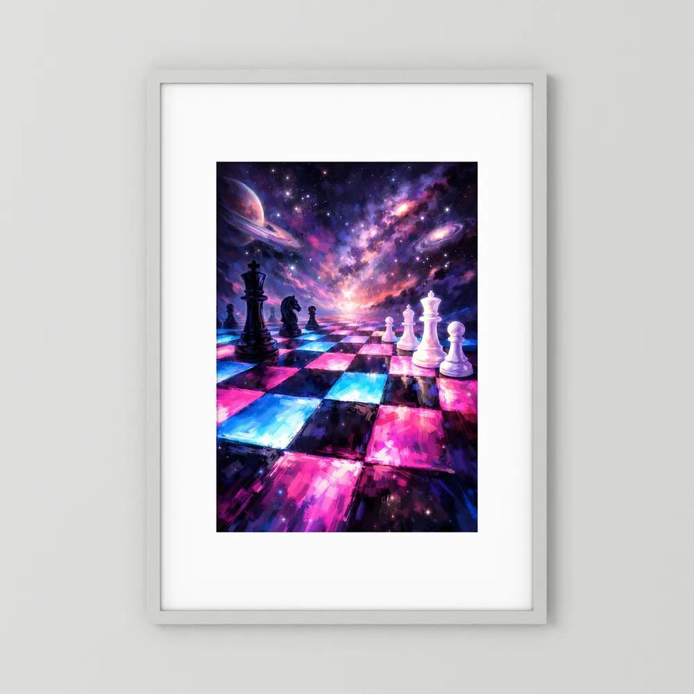 Hochkant gerahmtes Schachposter mit Galaxie und Schachbrett, schwarze und weiße Figuren