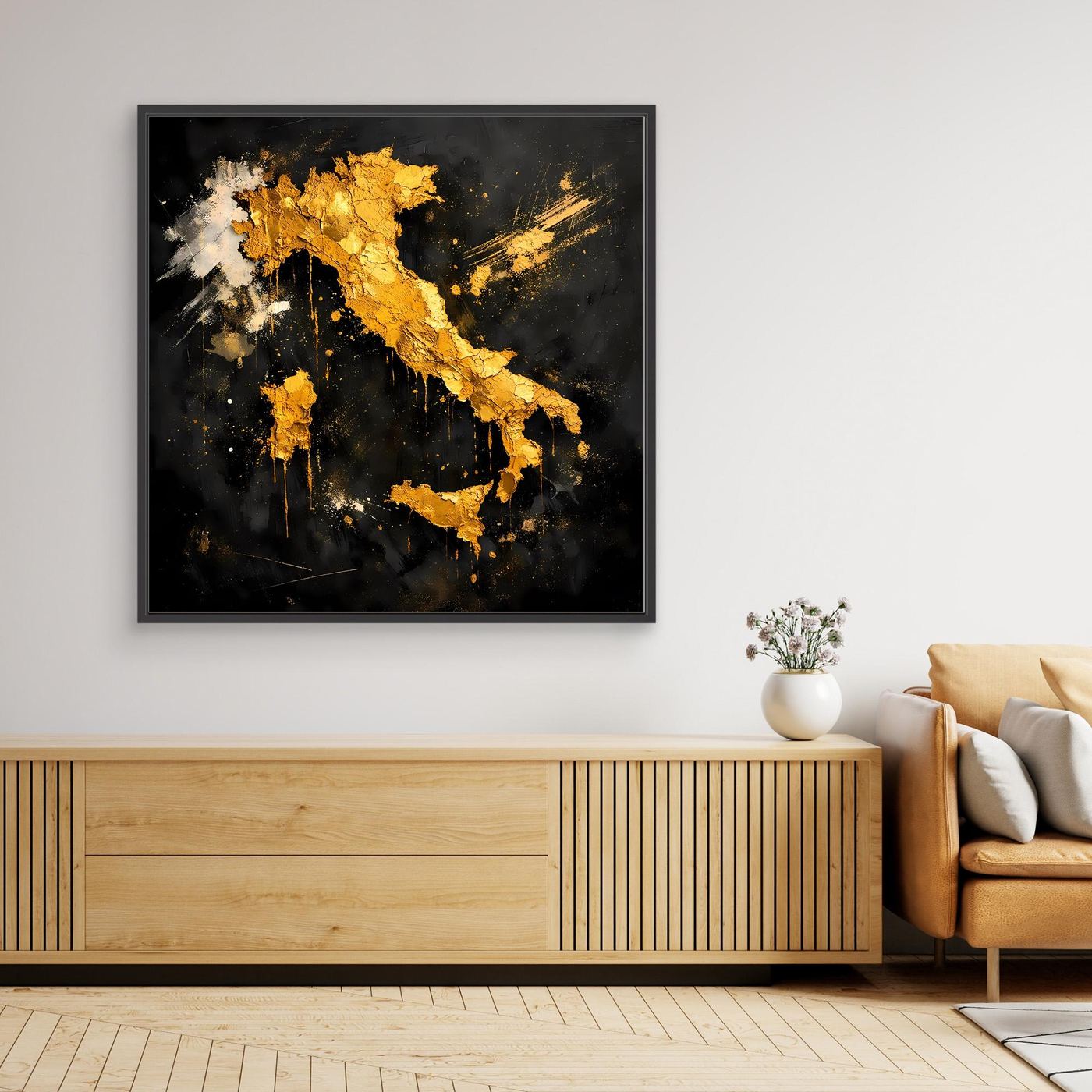 Leinwand Elegante Italienkarte in Gold & Schwarz | Modernes Abstraktes Wandbild