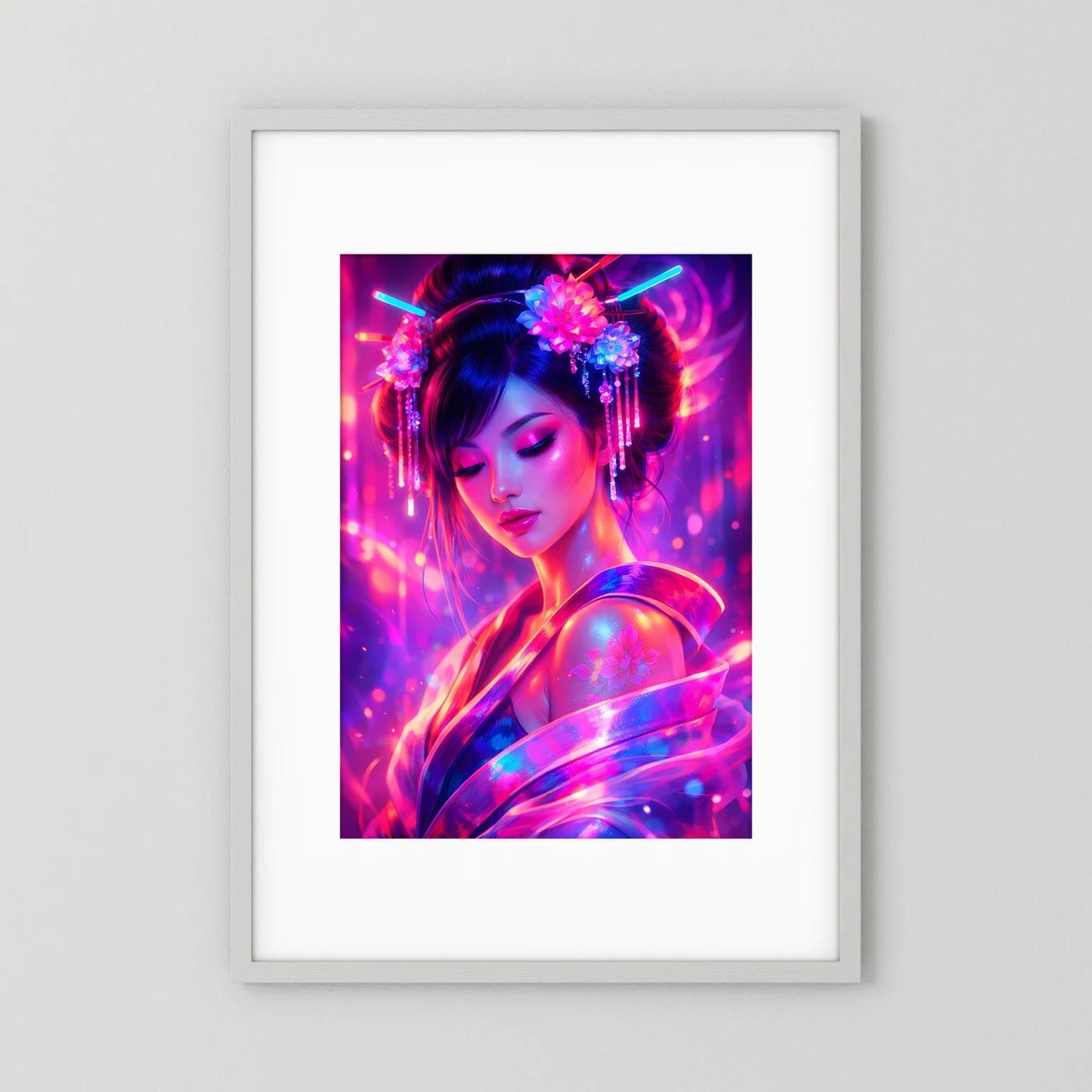 Neon-Poster mit Porträt einer Geisha in Pink-Blau, im weißen Rahmen, Hochformat.