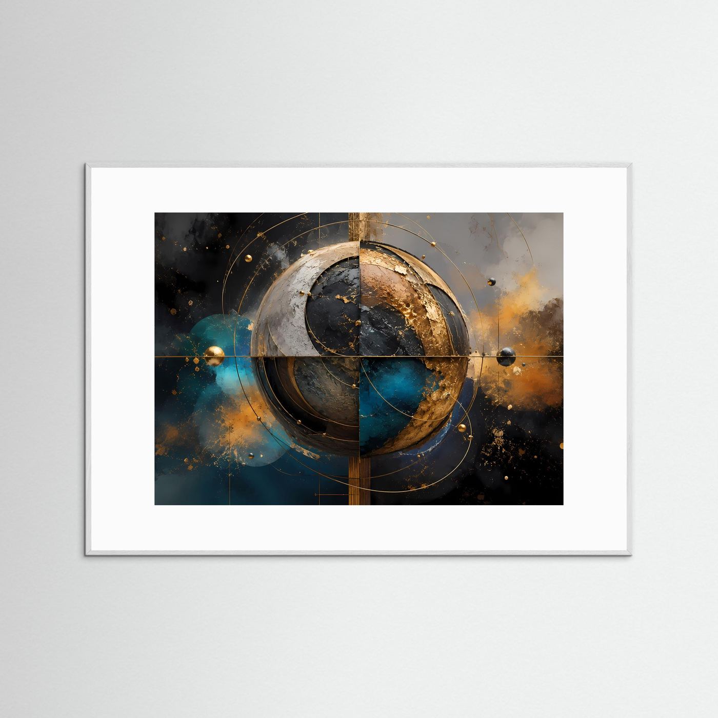 Abstrakte Goldene Planetensphäre | Moderne Kosmische Geometrie Kunst Querformat