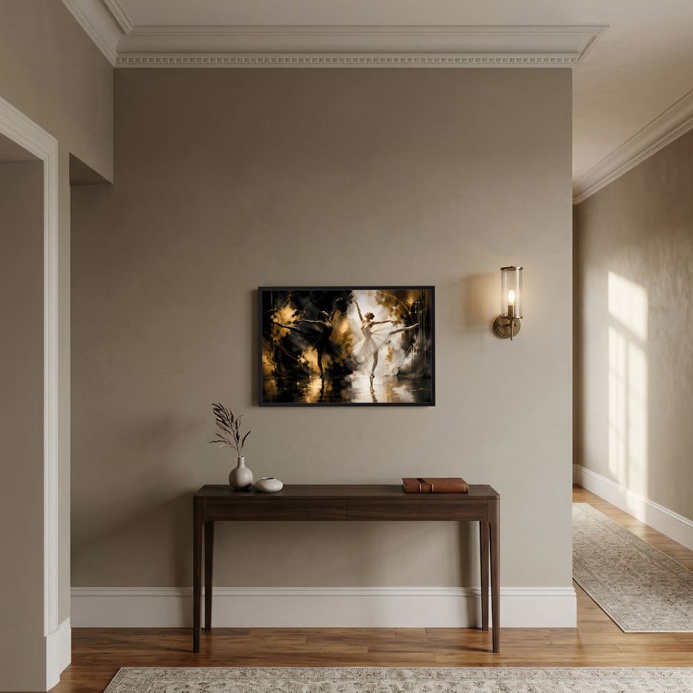 Gerahmtes Querformat-Poster mit Ballettmotiv in Schwarz‑Weiß und goldenen Akzenten
