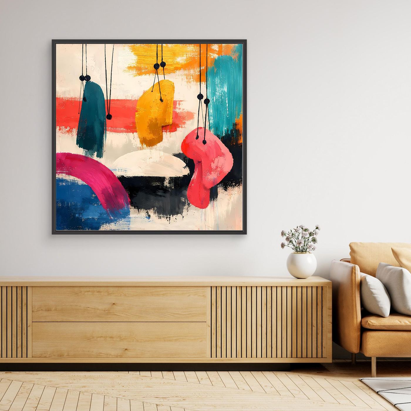 Framed abstract wall canvas, square print with colorful hanging organic shapes