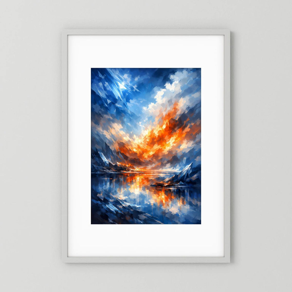 Hochformat-Poster mit abstrakter Landschaft in Blau, Orange und Spiegelung, gerahmt