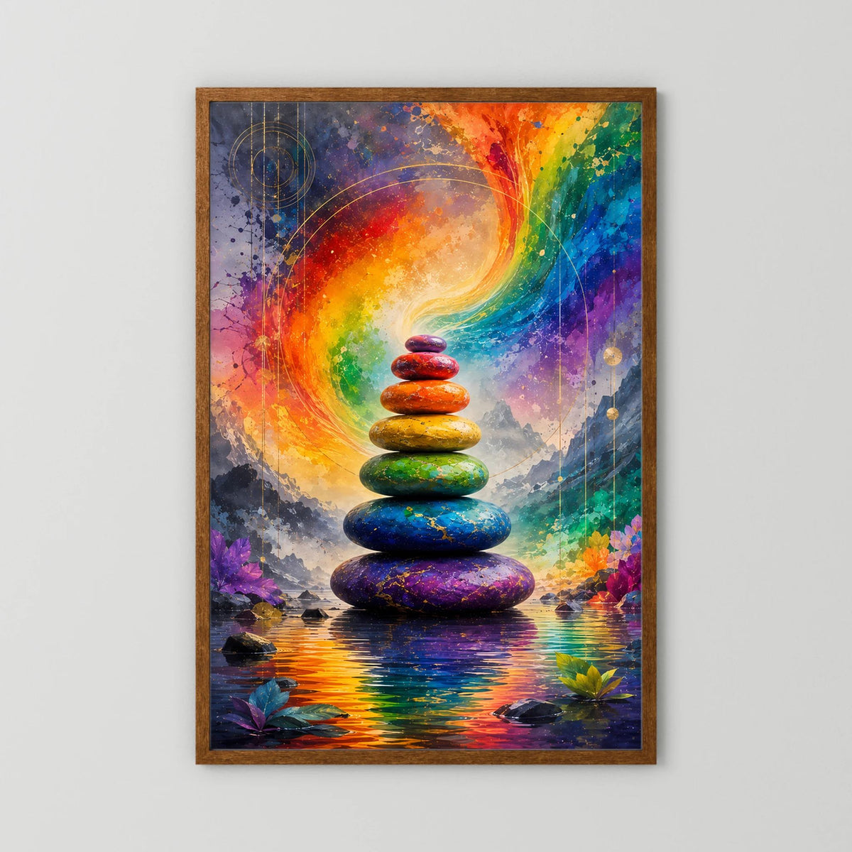 Hochformatiges Poster mit Rainbow-Zen-Steinen, brauner Holzrahmen ohne Passepartout